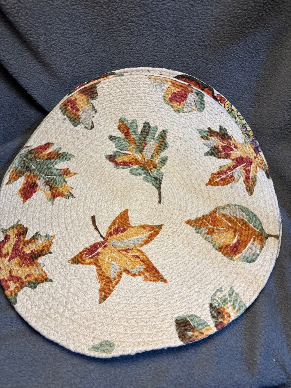 liberty Braided Round Placemats with Fall Leaf Motif - Cream, Orange, Green